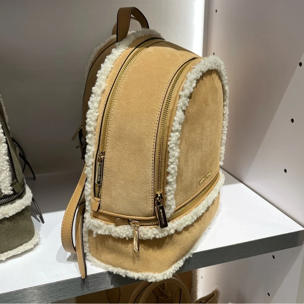 MICHAEL KORS Rhea Medium Suede and Faux Shearling Backpack Peanut  NWT